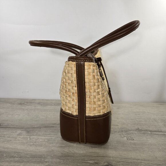 Chaps Straw Woven Shoulder Bag Purse Medium Brown Trim Charm Double Handle Rafia - Picture 4 of 9